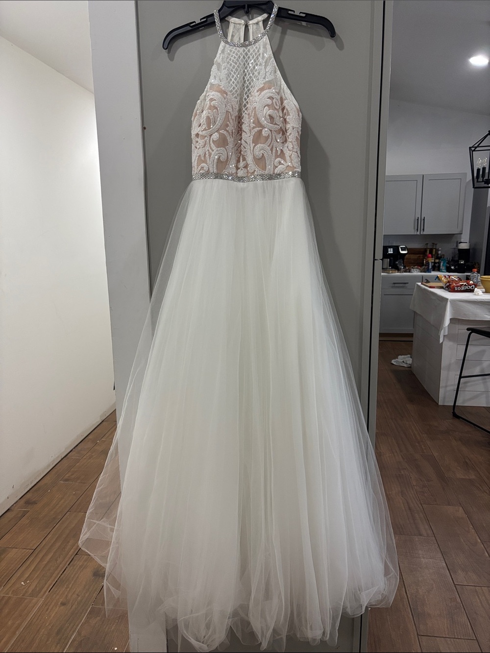 madison james White and Nude Tulle Halter Wedding Dress